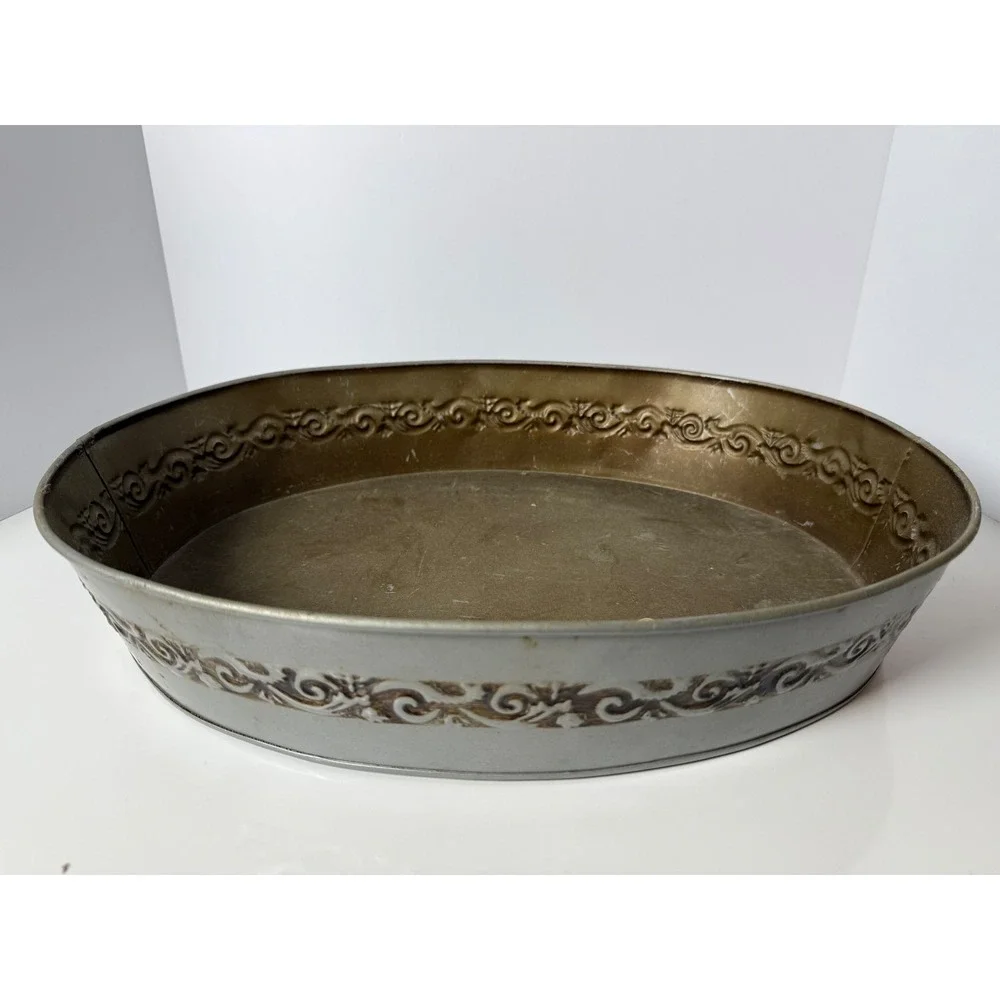 Oval Metal Decorative Tray Embossed Scrollwork Farmhouse Silver Centerpiece